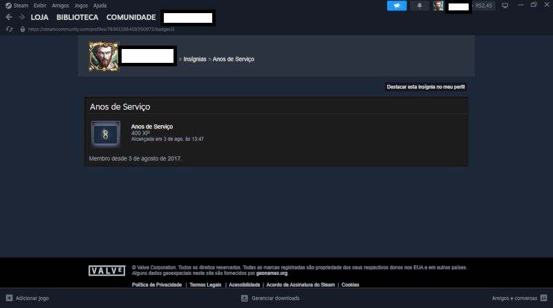 Conta Steam com insignea de 8 anos e medalha de serviço de 5 anos no CS-GO!!
