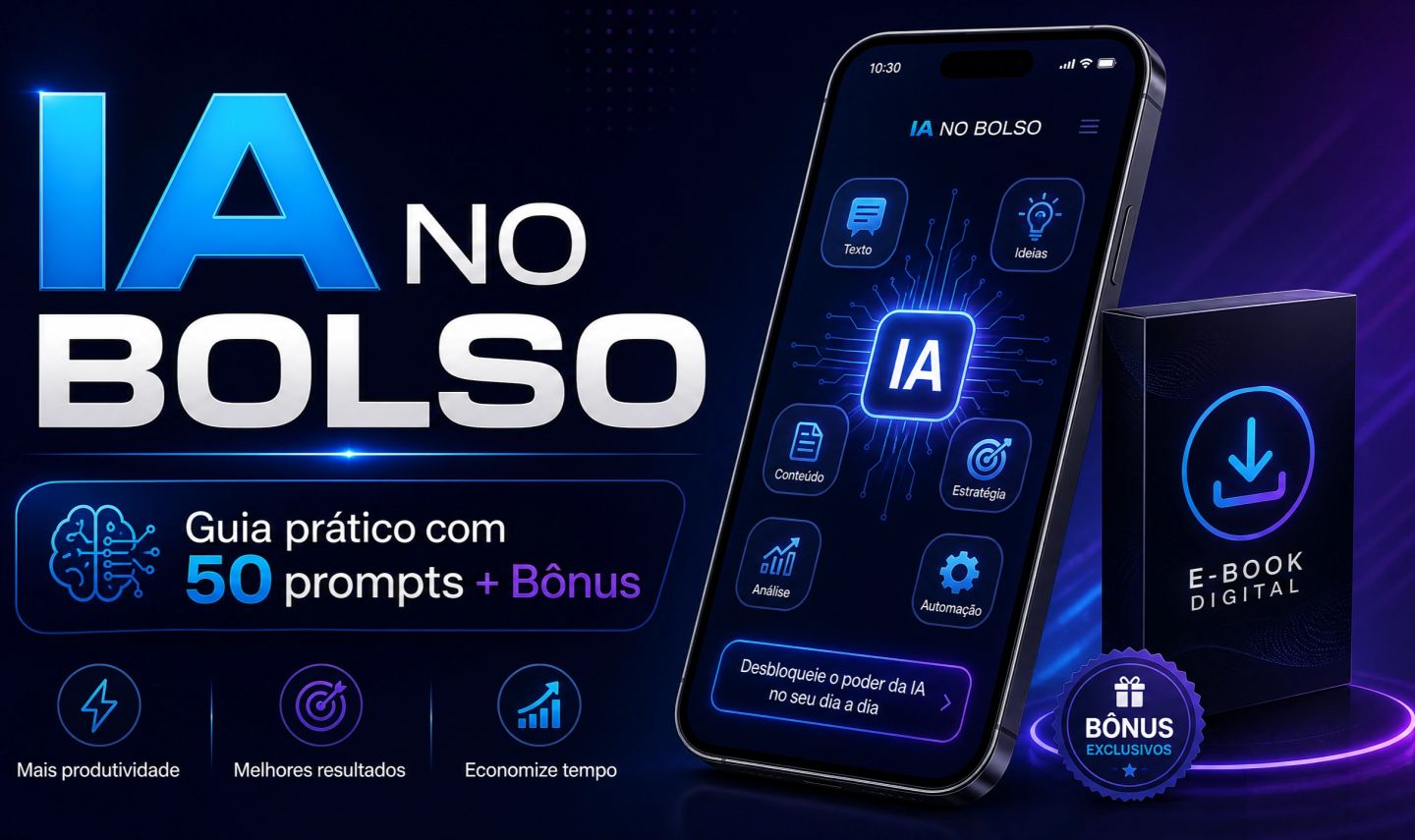 E-book IA no Bolso: +50 Prompts Prontos + 5 Pilares + Bônus