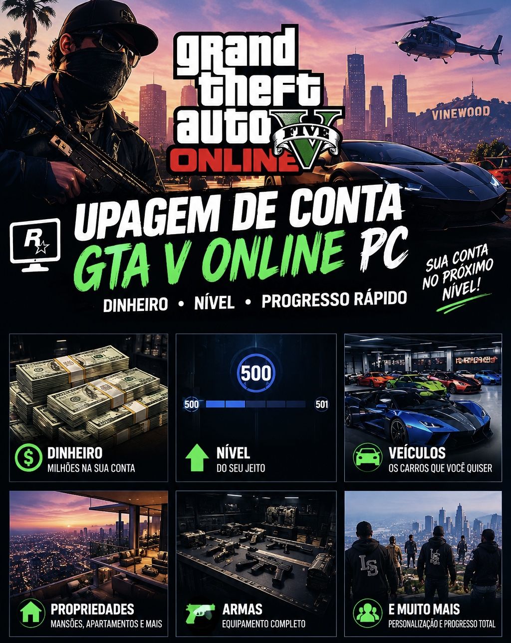 UPAGEM DE CONTA GTA V ONLINE PC | DINHEIRO, NÍVEL E PROGRESSO RÁPIDO