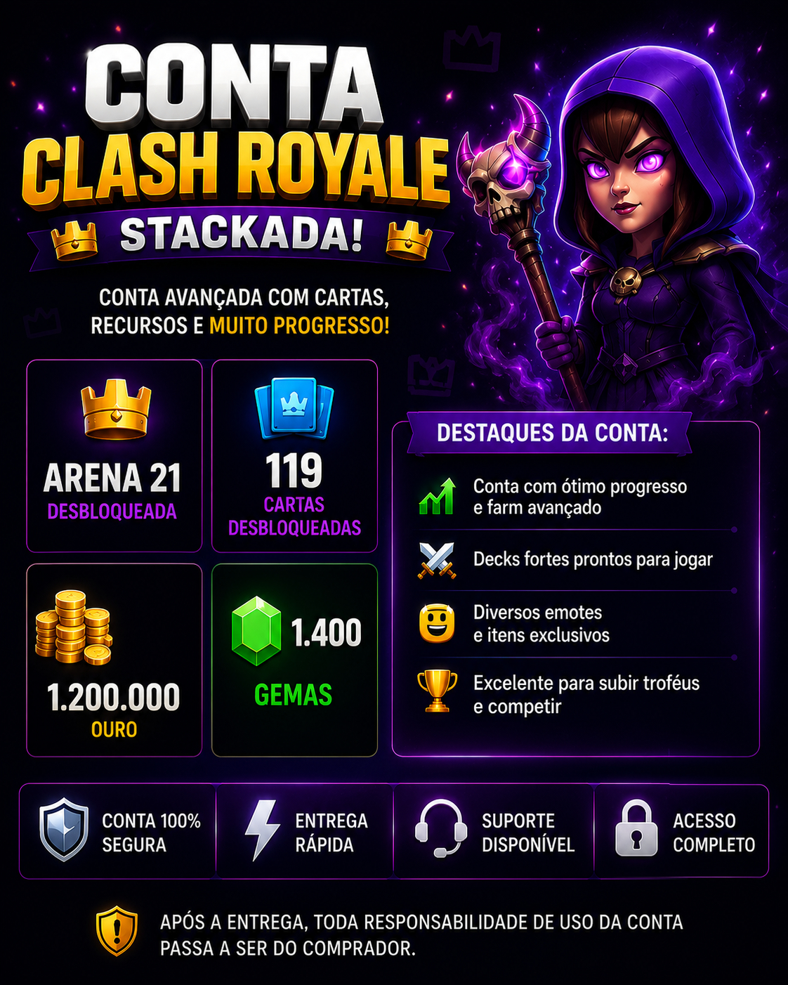 Conta Clash Royale, com várias evoluções, e dois heróis.