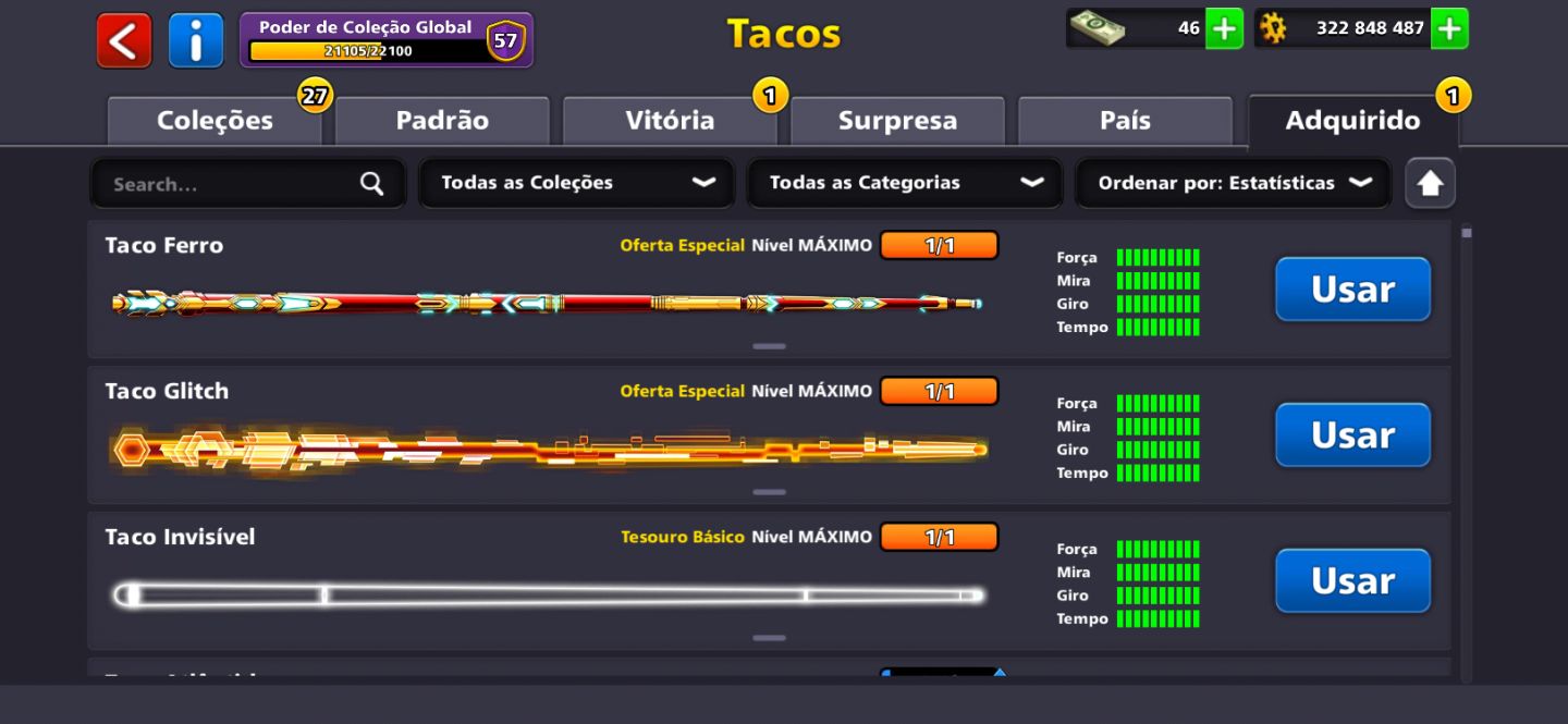 Conta 8 Ball Pool Nível 170 | Todos os Tacos Lendários + 3 Tacos Full de Evento