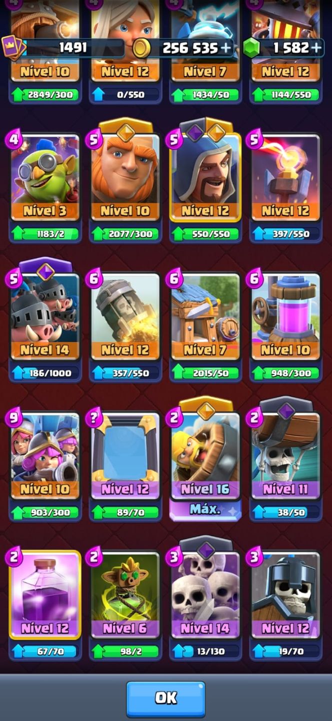 Conta de Clash Royale bem upada, várias cartas level alto