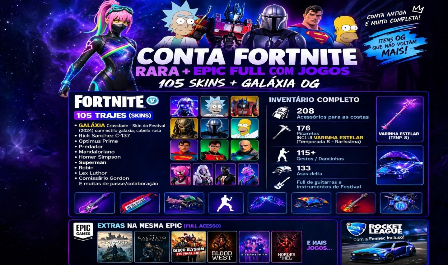 [VENDA] CONTA FORTNITE RARA + EPIC FULL COM JOGOS - 105 SKINS + GALÁXIA OG