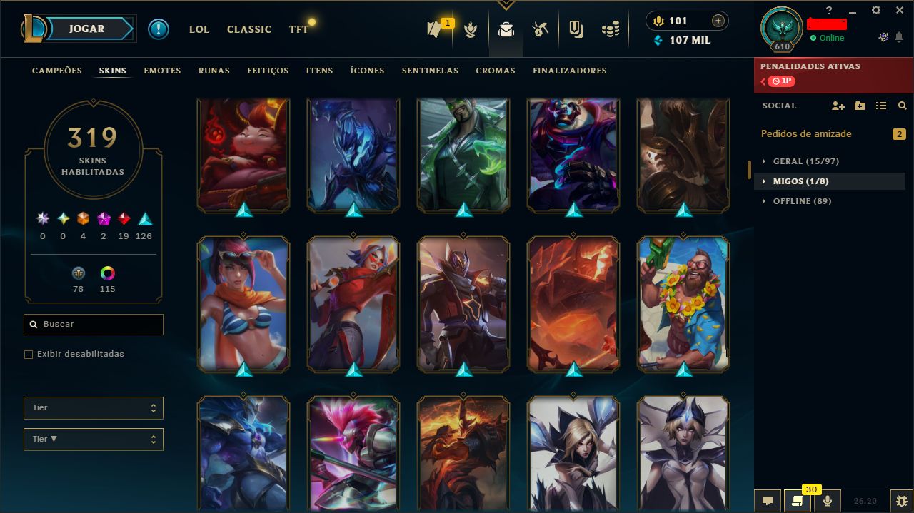 Conta lol Esmeralda - main sup/adc +300 skins e +100 cromas com icones raros.