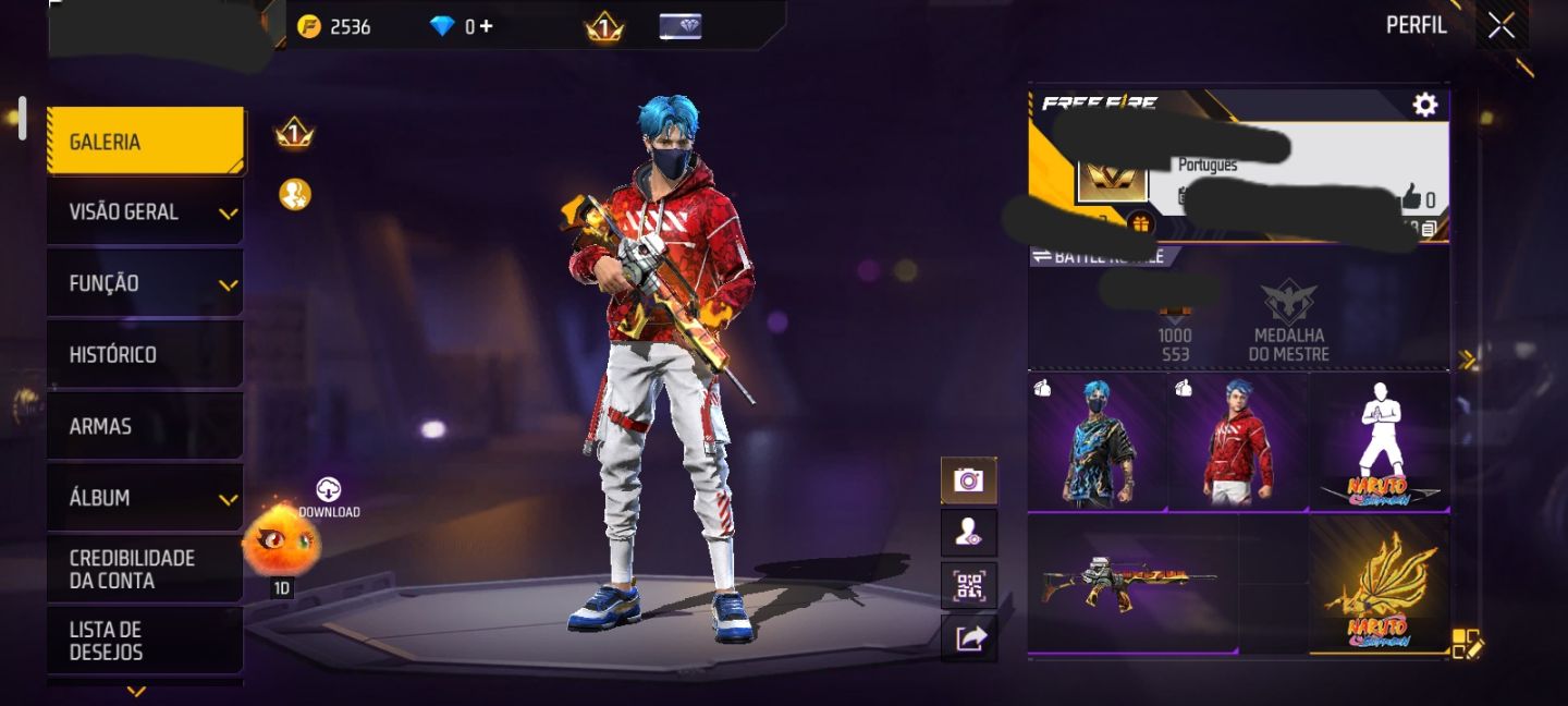 CONTA COM FURIA SOBRE RODAS + AGUIA RUBLIA + ASA DELTA NOVE CALDA + EMOTE NARUTO