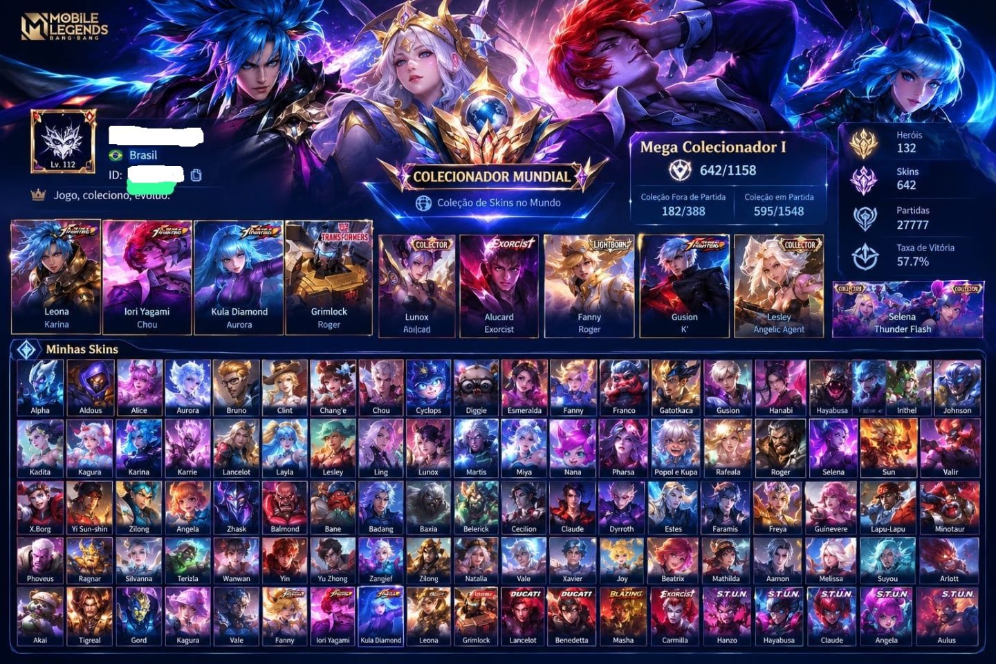 CONTA GOD TIER MLBB QUASE COLECIONADOR SKINS RARAS + ELO IMORTAL WR 70