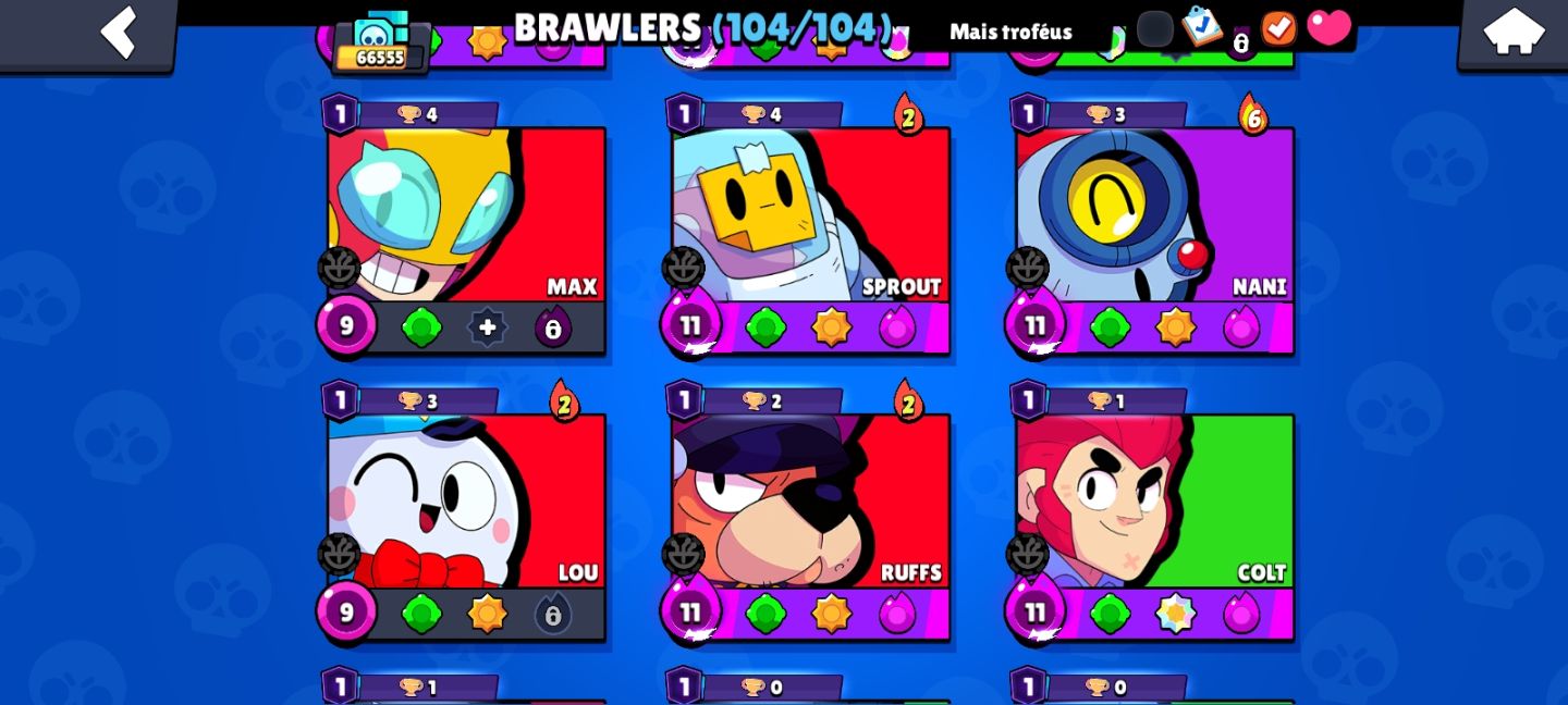 Conta brawl stars 66k , 104/104 brawlers, 40 brawlers full upados,7 passes 40p