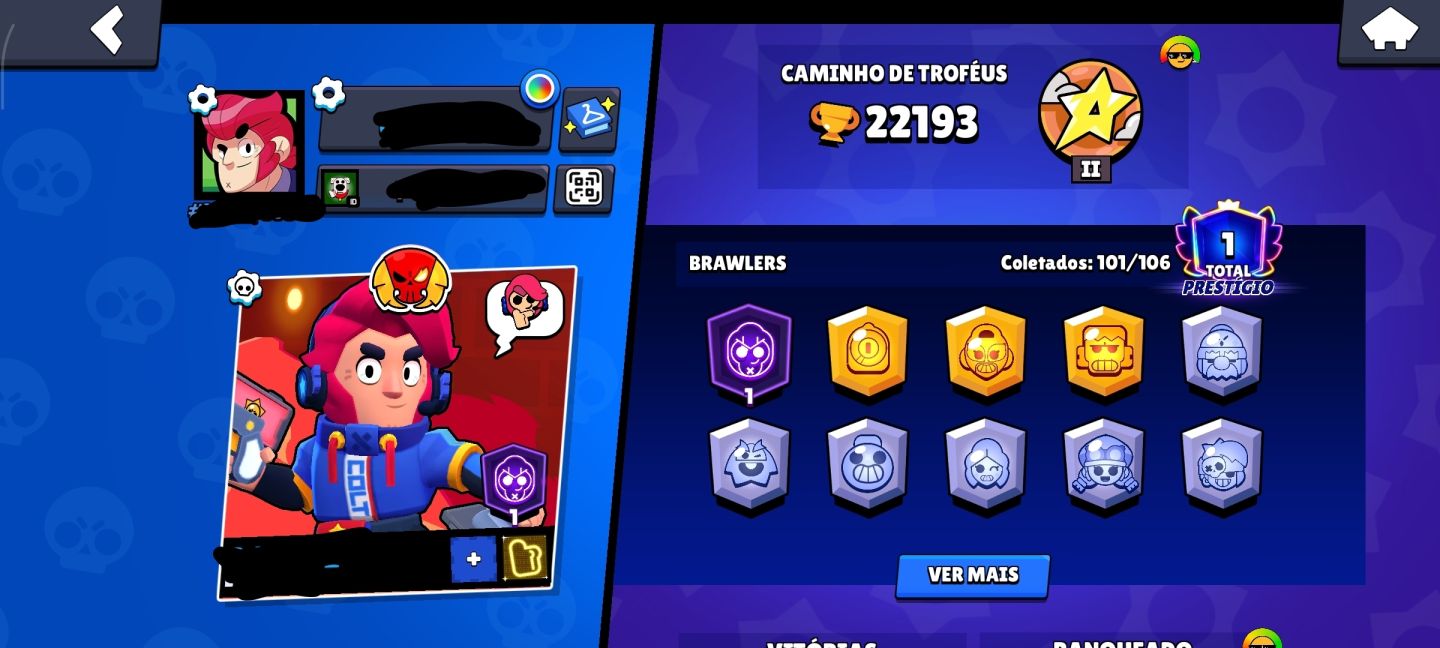 Conta de brawl Star com Colt desafiante entre outras skin raras