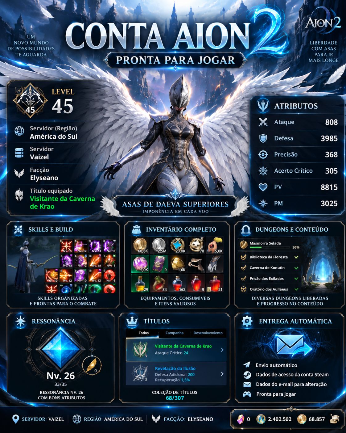 AION 2 | CONTA LEVEL 45 | ELYSEANO | VAIZEL | AMÉRICA DO SUL