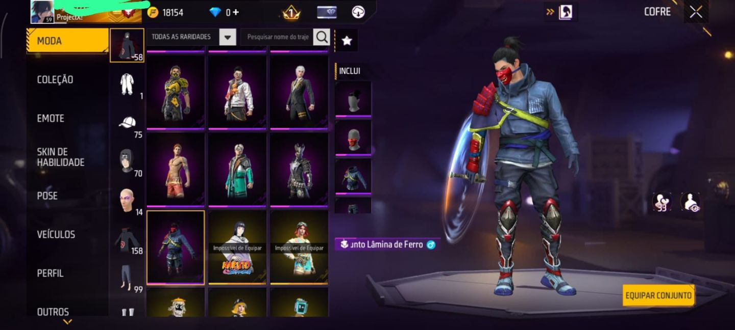 CONTA DE FREE FIRE COM VARIOS CONJUNTOS