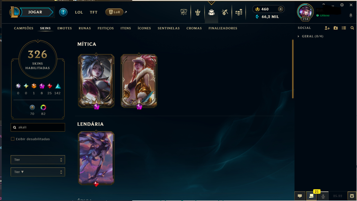 Conta LoL LvL 714, 326 skins, 428 ícones, todos os champions - League of Legends