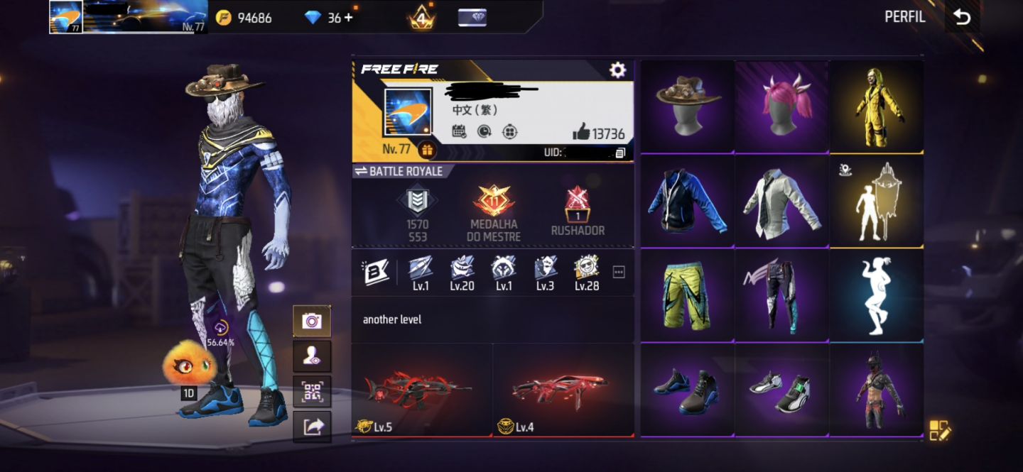 CONTA DE FREE FIRE RARA, COM 2x ANGELICAL, ARMA EVOLUTIVA LVL 77, 13K LIKE.