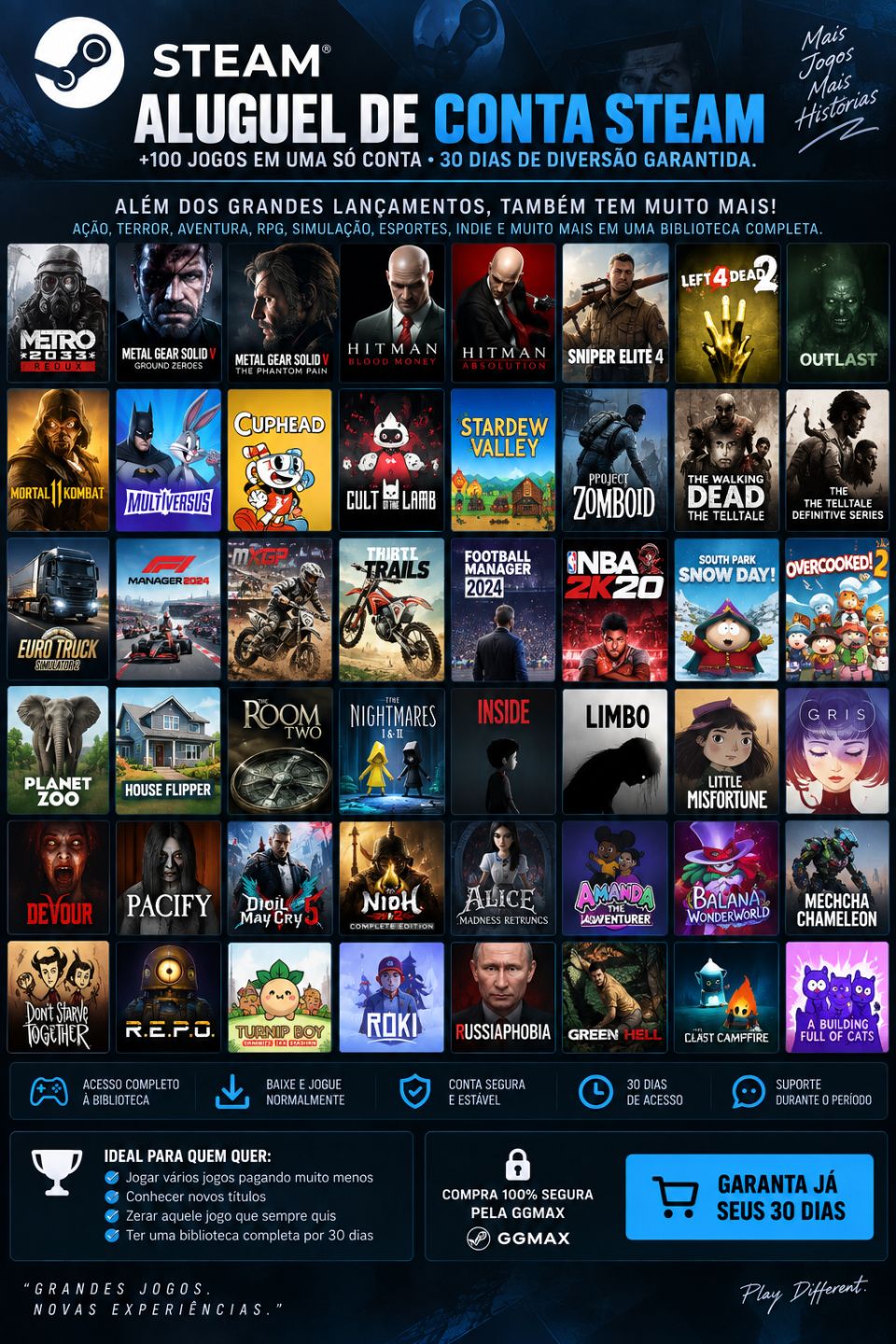 ALUGUEL CONTA STEAM +100 JOGOS | ACESSO POR 30 DIAS