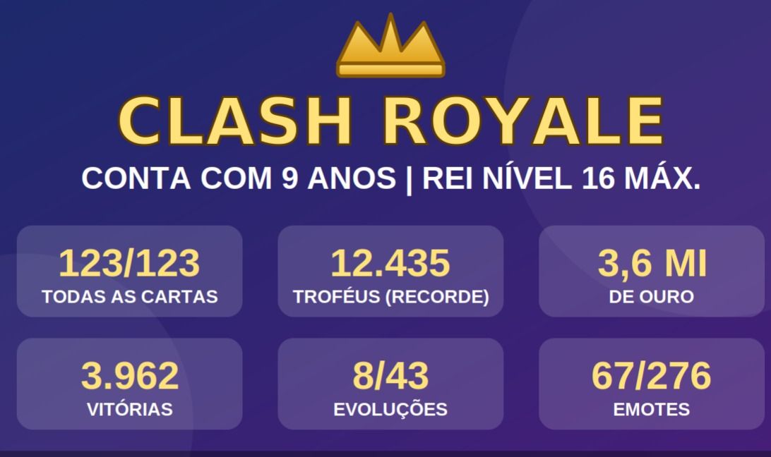 Conta Clash Royale 9 Anos | Rei Nível 16 (MAX) | Todas as Cartas