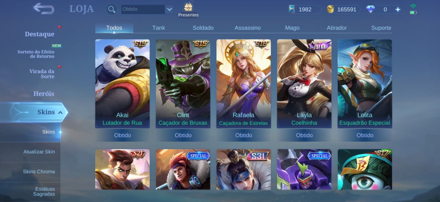 Conta - Mobile Legends (2017) - Skins de passe antigas (S1 - S2)