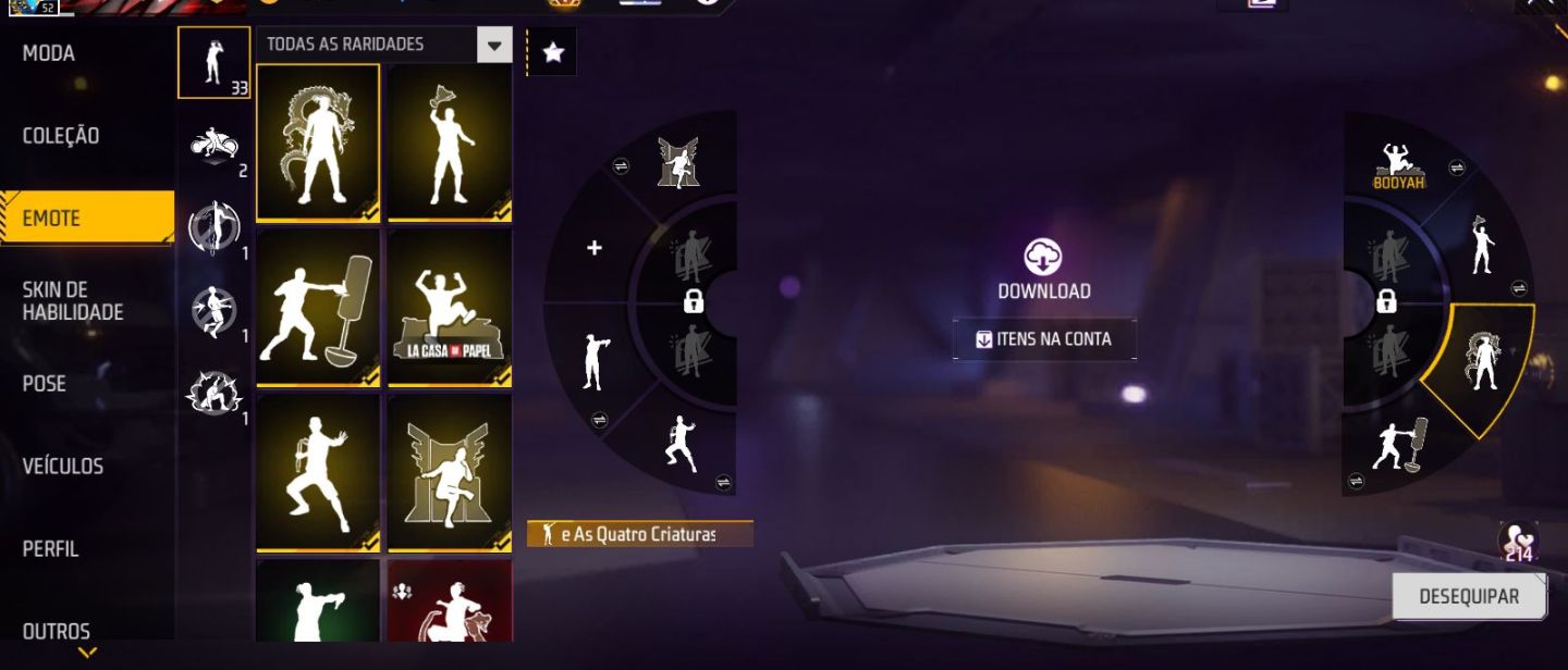 Conta de free fire com sombra roxa, aventureiro, coelhao e muita coisa antiga
