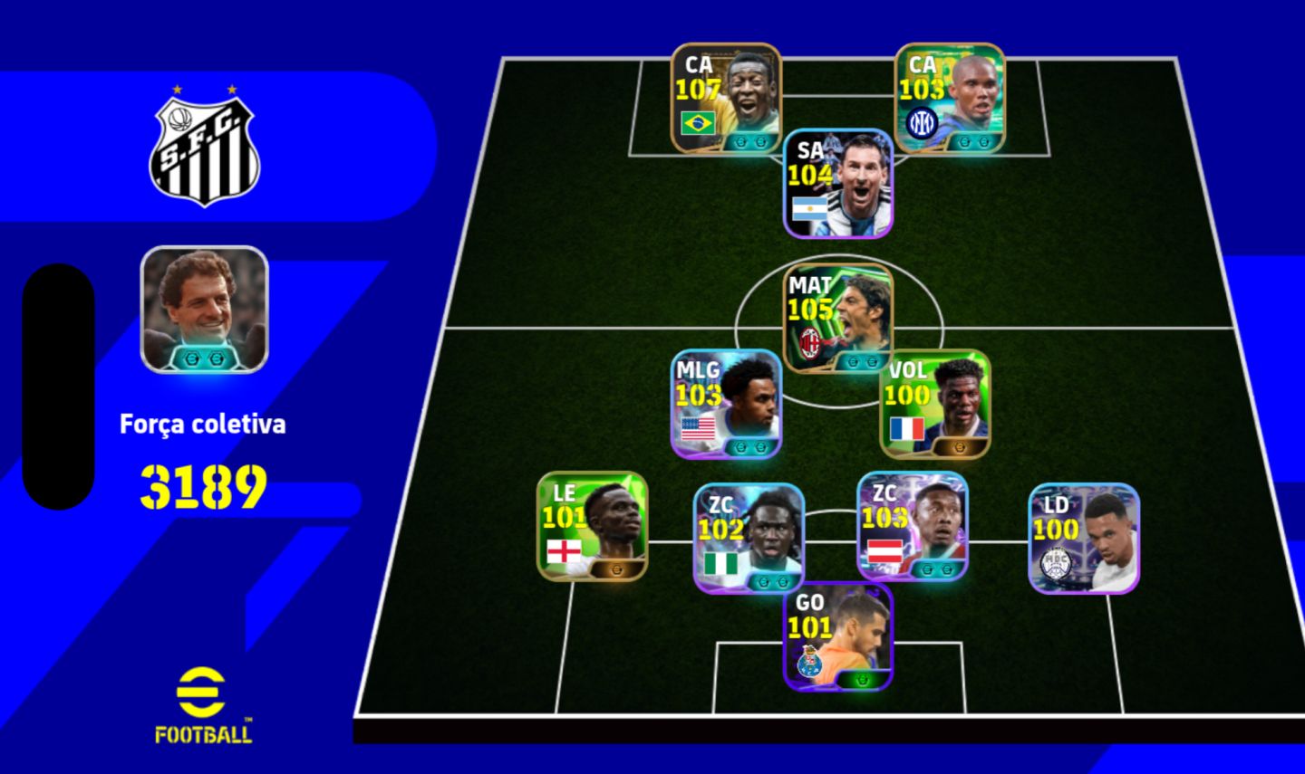 CONTA eFOOTBALL TOP FORÇA 3.189 | PELÉ 107 + ETOO 103