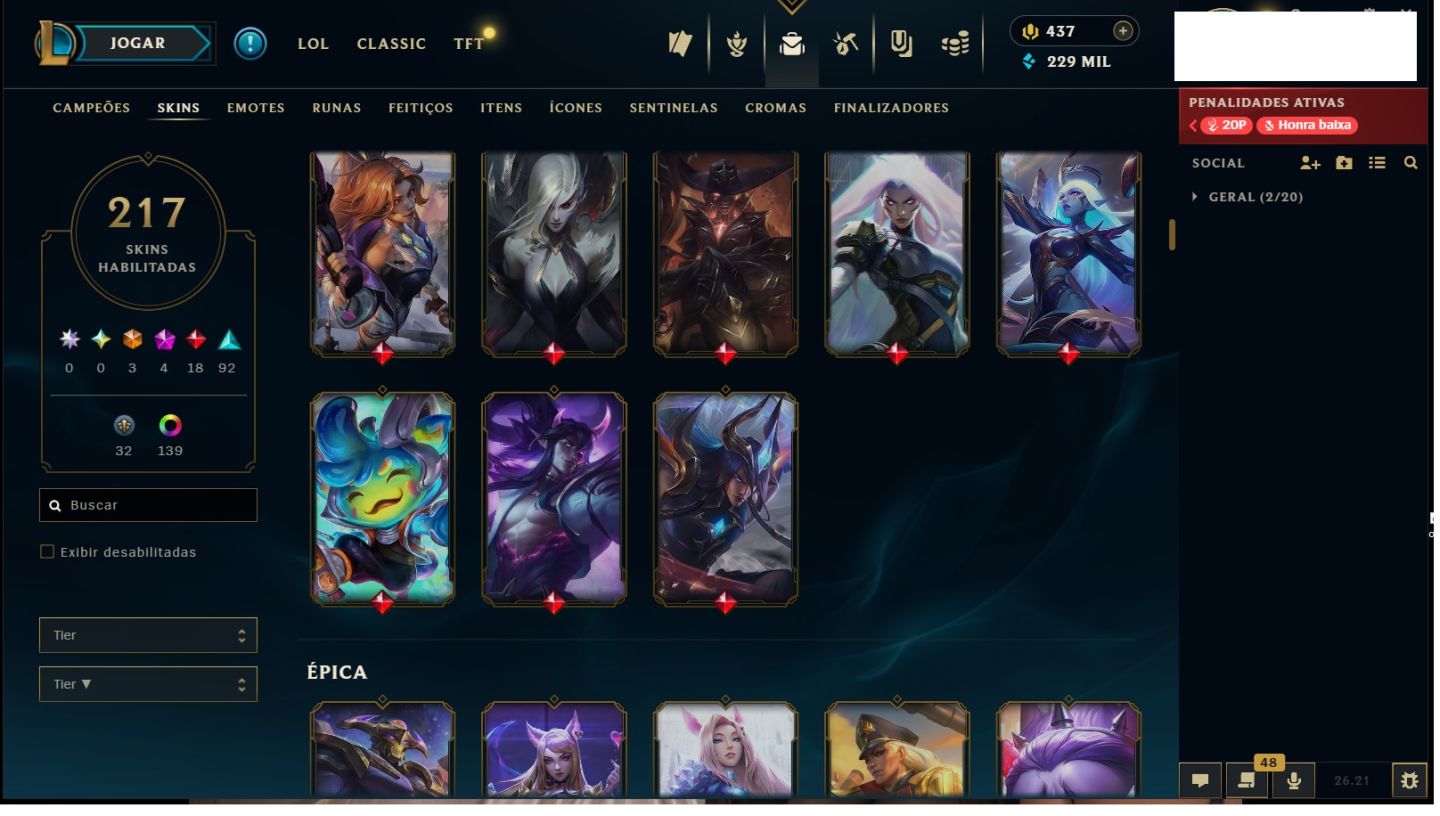Conta LOL PLATINA(EX ESM3), TODOS os champs! MAIN SONA, MISS, AHRI, LUX, ZYRA.