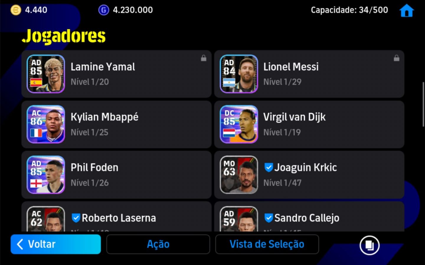 Contas EFOOTBALL MOBILE | 5050 MOEDAS + 4.9M GP + CRAQUES 95 OVERALL