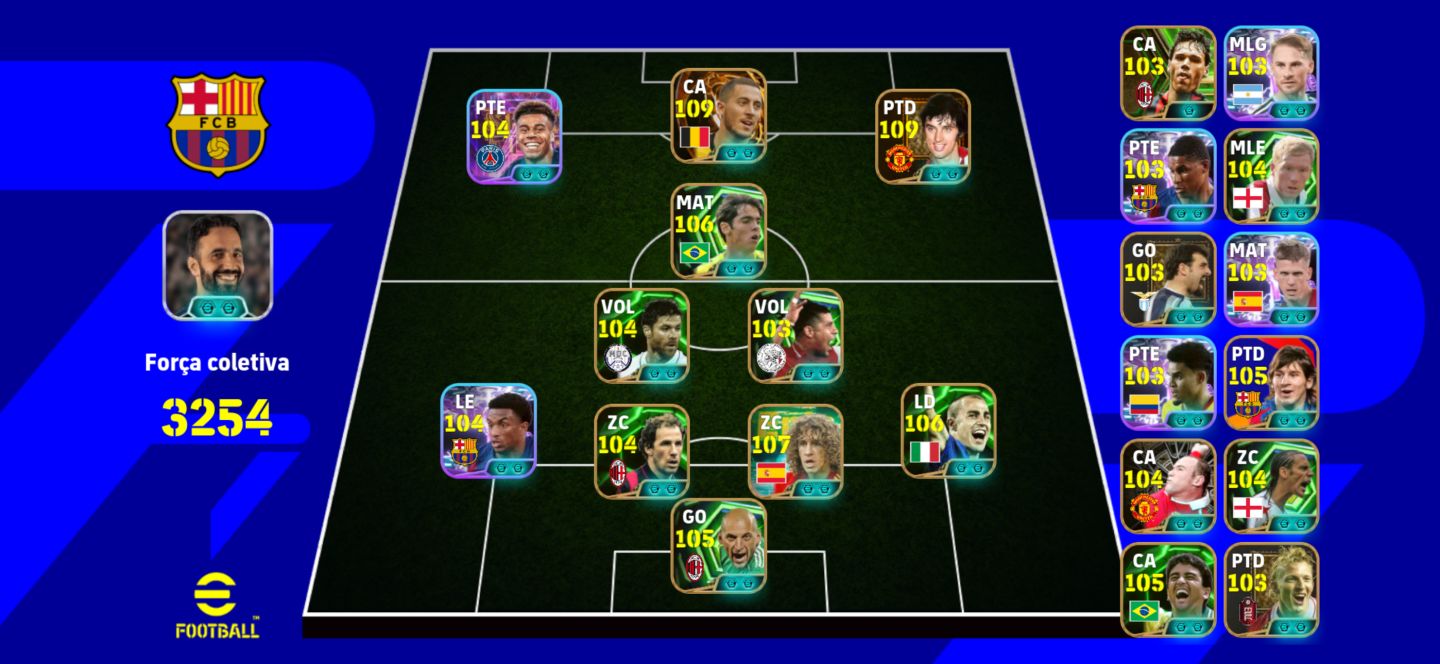Conta top de efootball mobile com Hazard, Best e Kaká.