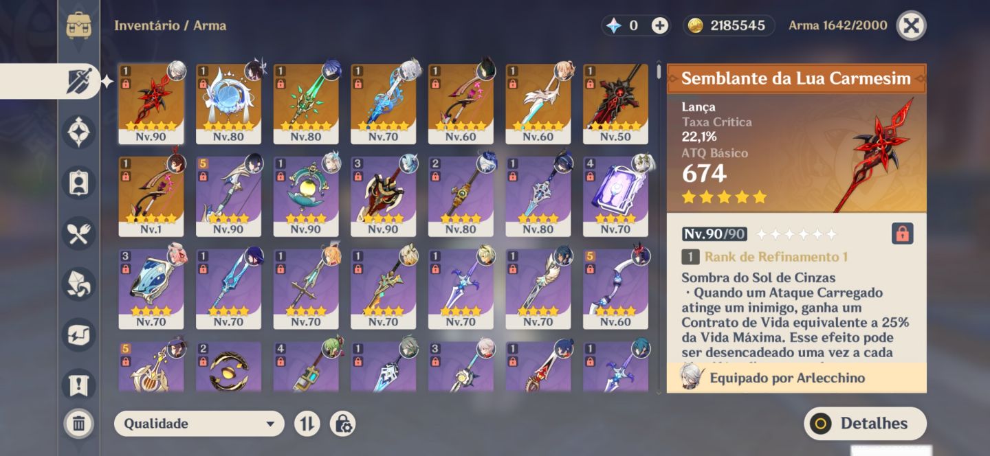 Conta Genshin 24 t5(Zibai, Columbina, Arlecchino, 4 Arcontes etc)+ Honkai
