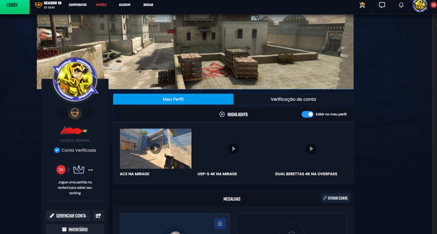 Conta CS2 Challenger Faceit +10 / 20 GC
