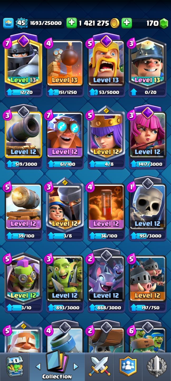 Clash Royale com muitas cartas(menos as mais recentes) muitas evoluções de tropa