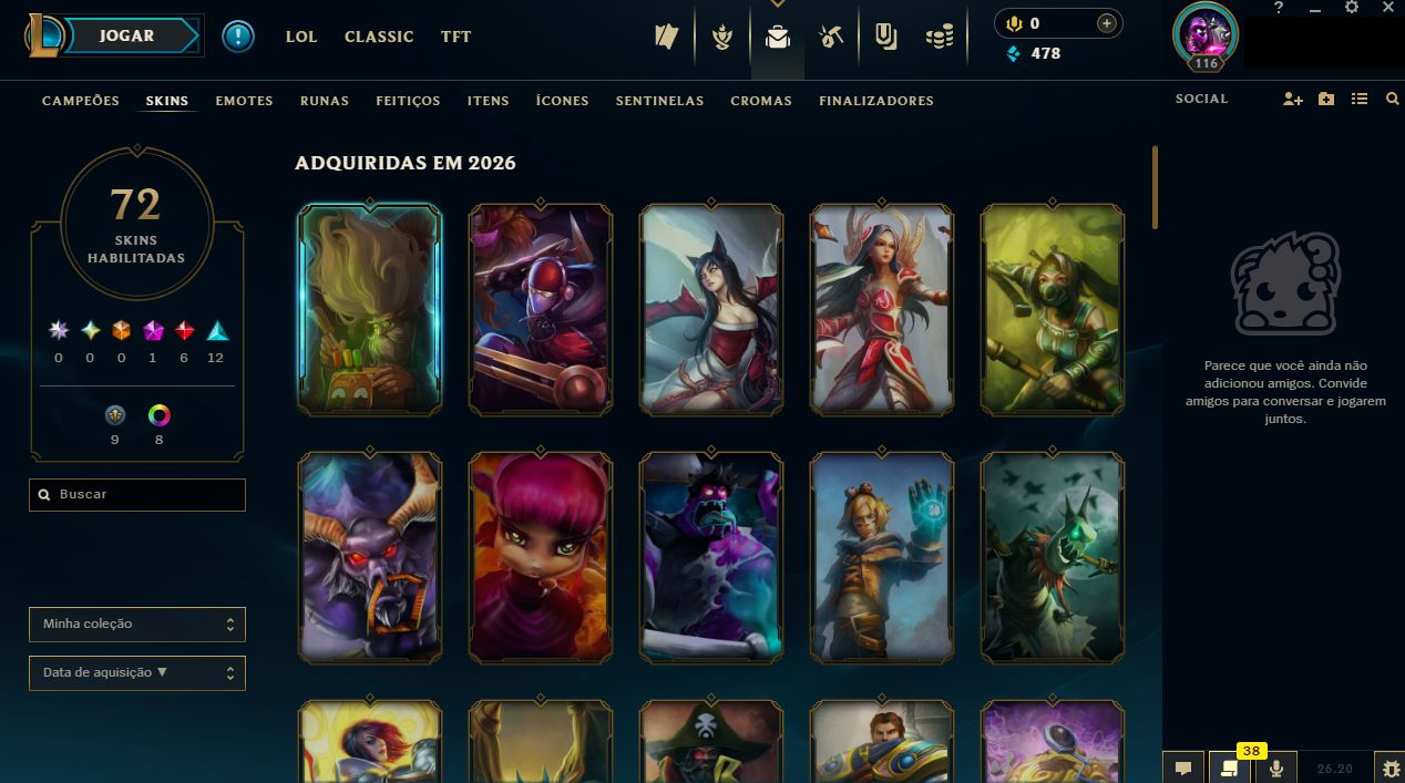 CONTA LVL 116 l 158 CAMPEÕES l 36 SKINS l 6 LENDARIAS l 12 ÉPICAS l 1 MITICA