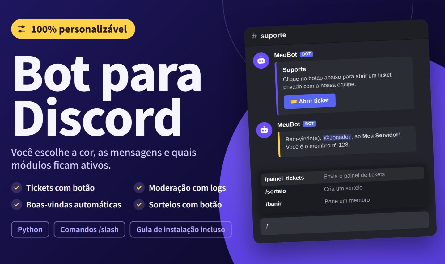 Bot para Discord Personalizável | Tickets, Moderação, Boas-vindas e Sorteios