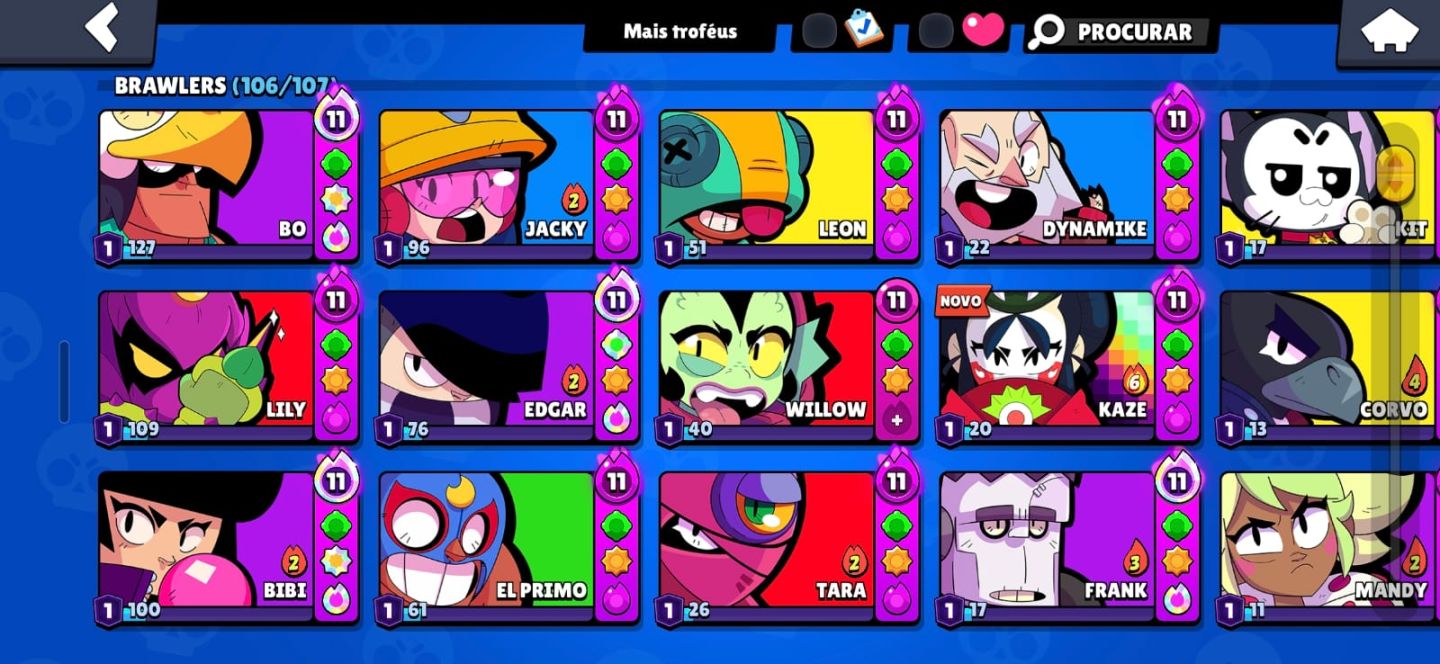 Conta Brawl Stars 77K Troféus | 106 Brawlers | 74 Hipercargas | 331 Skins