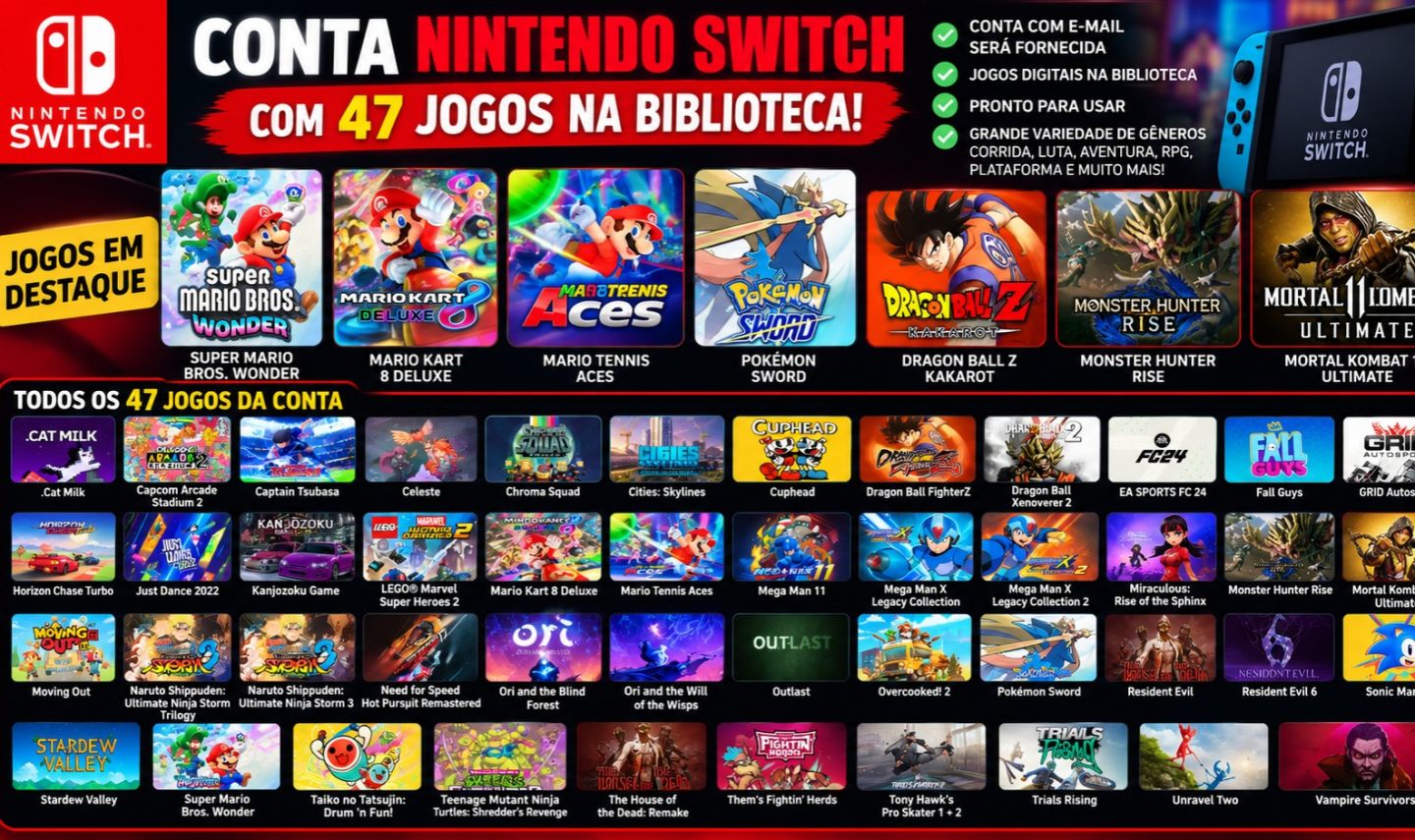 Conta Nintendo Switch | 47 Jogos: Mario Wonder, Kart 8, Tennis e Pokémon Sword