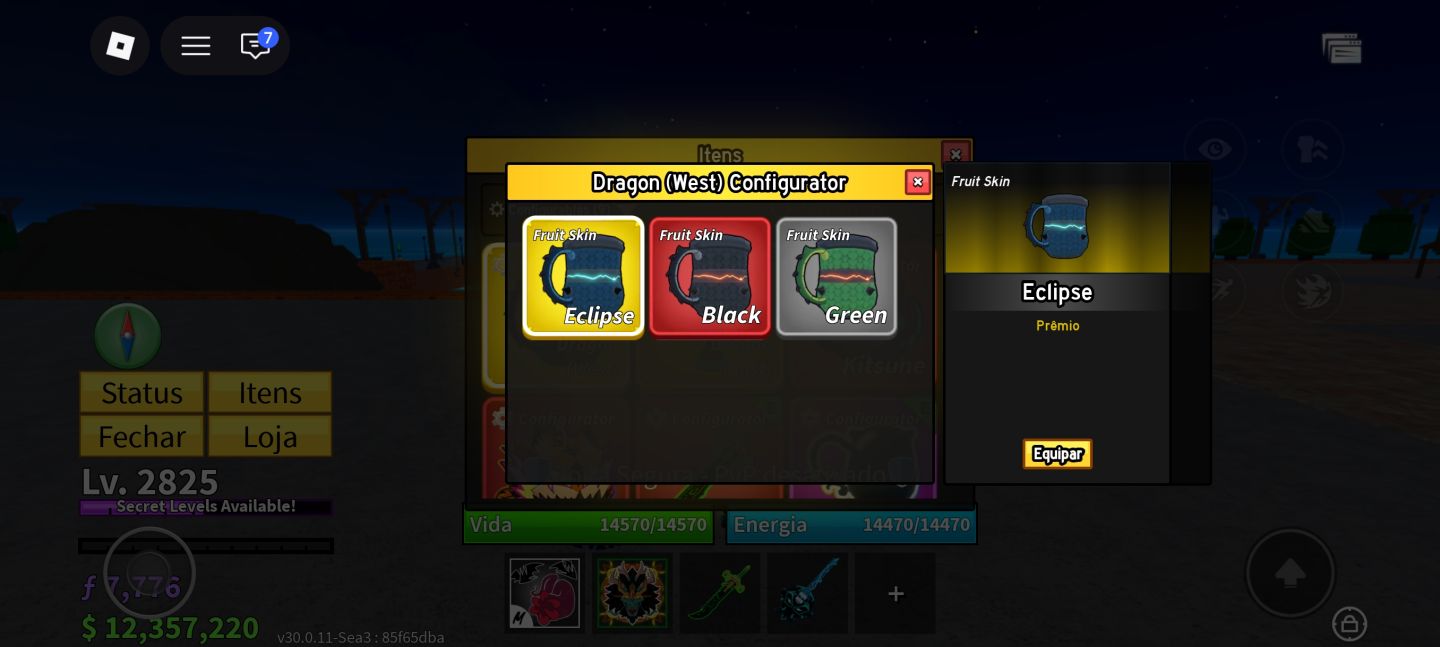 Conta com todas as Gamepass e 10 fruitas perm | Dragon, kitsune, portal etc...