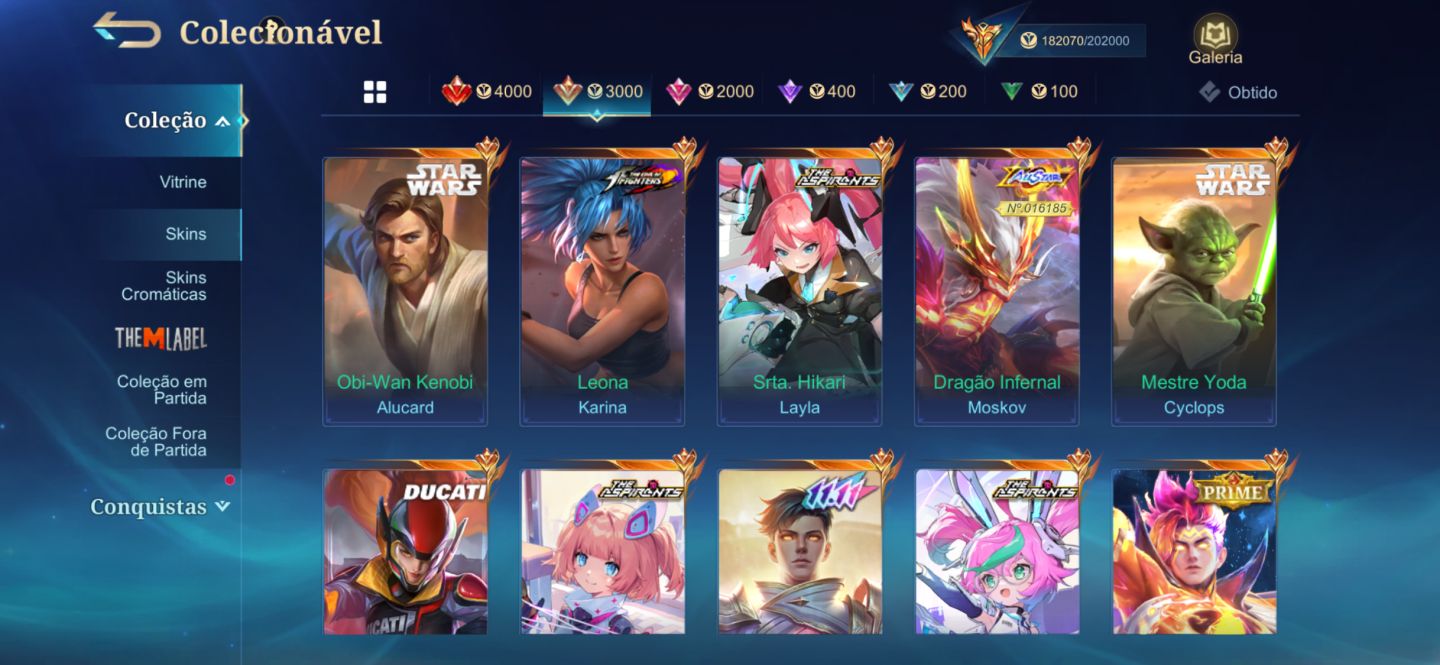 Conta MLBB com skins exclusivas como KOF, Jujutsu KAISEN e outras skins raras