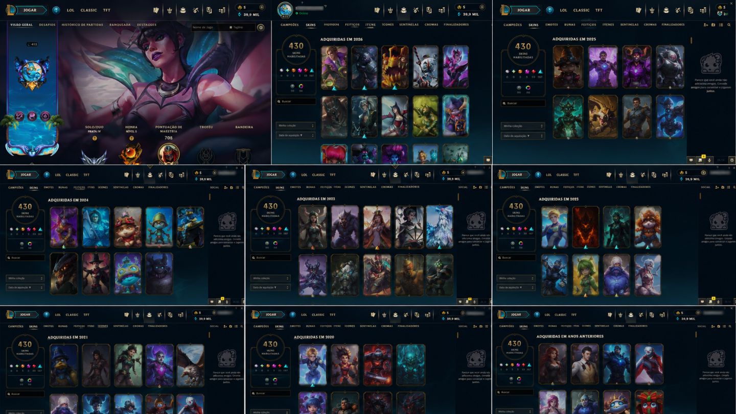 CONTA LOL LVL 413 | 430 SKINS | COLEÇÃO VETERANA | 3 MITICAS + 4 ULTIMATE