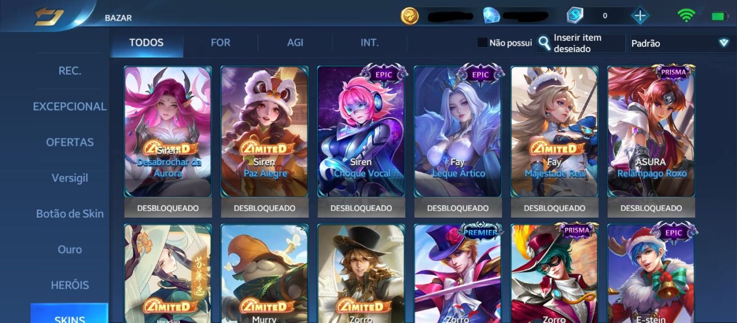 Conta - Heroes Evolved, nível: 43, heróis: 113, skins: 243.
