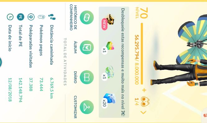 Pokémon Go Nível 70 (progresso 56,2M / 8M), 142.150 XP, 2018, nunca banido, PvP