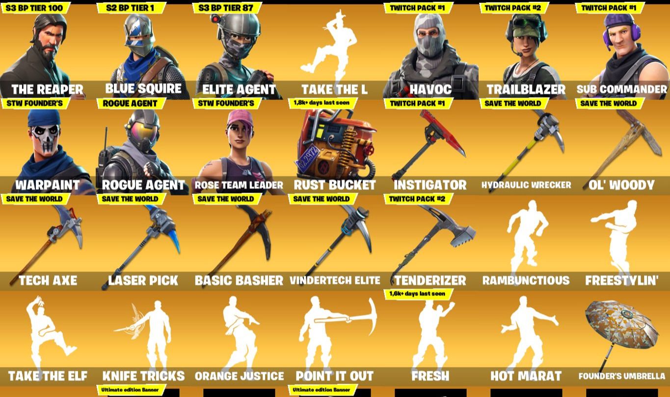 [180 skins] OG STW Blue squire, twitch prime, season 3 full, take the L, fresh