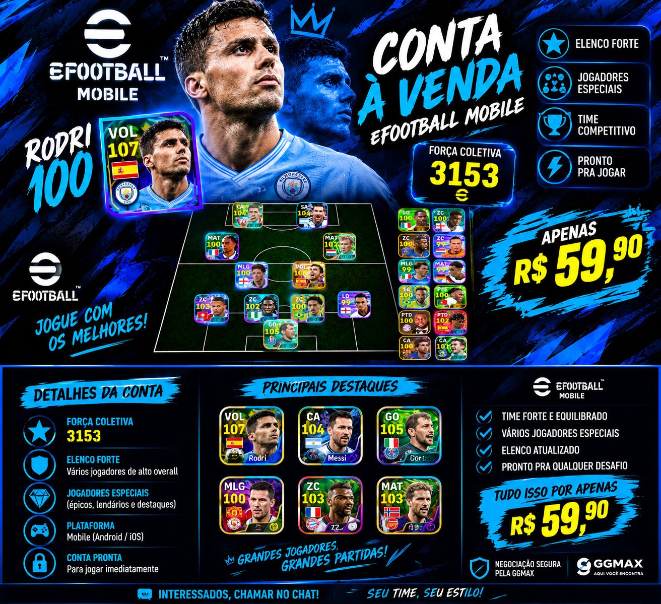 CONTA eFOOTBALL MOBILE MESSI 104 | TIME FORTE 3153 | JOGADORES ESPECIAIS