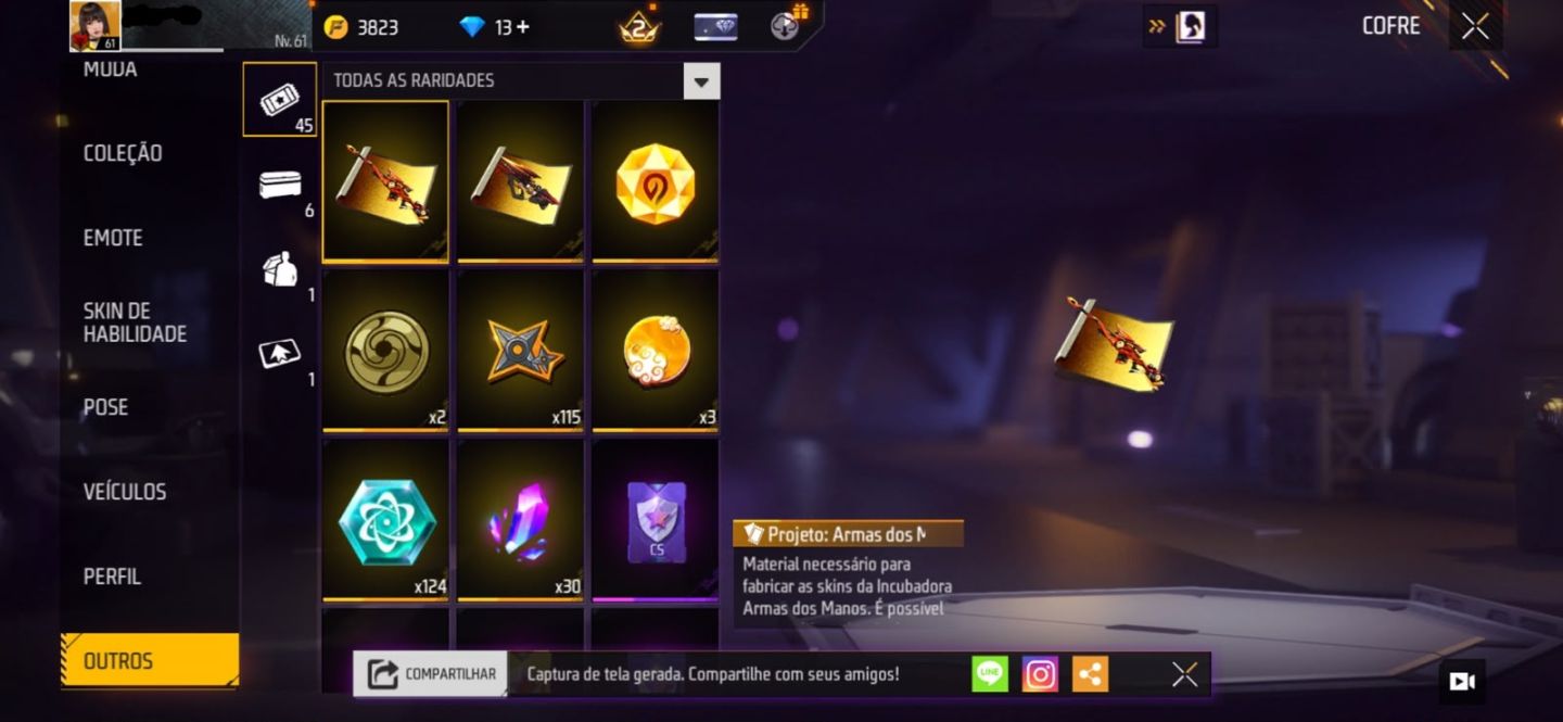 Conta Free fire level 61, Com Skin evolutiva e punho!