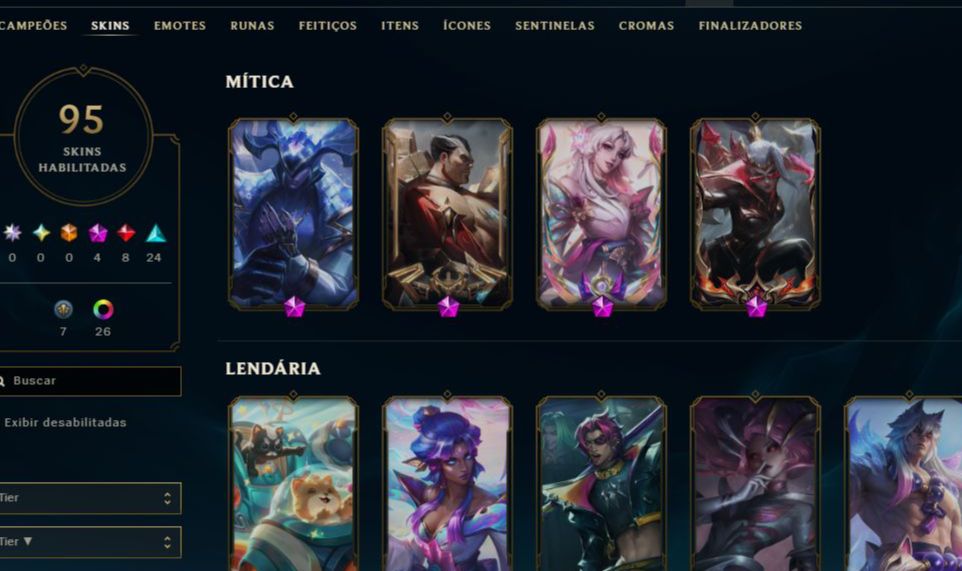 Conta league of legends full champs, nivel 95+, ouro 4 e com várias skins