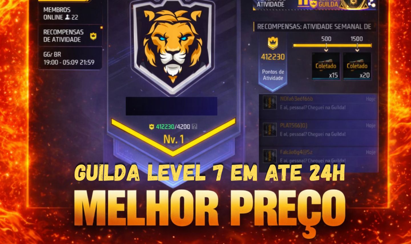 UPO SUA GUILDA FREE FIRE ATÉ O NÍVEL 7 EM ATE 24H RÁPIDO E SEGURO