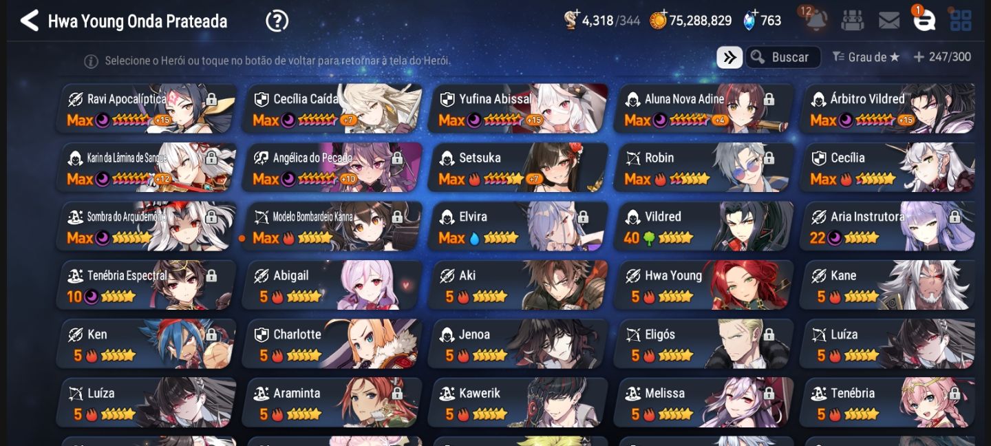 Conta de epic seven com bastante personagens