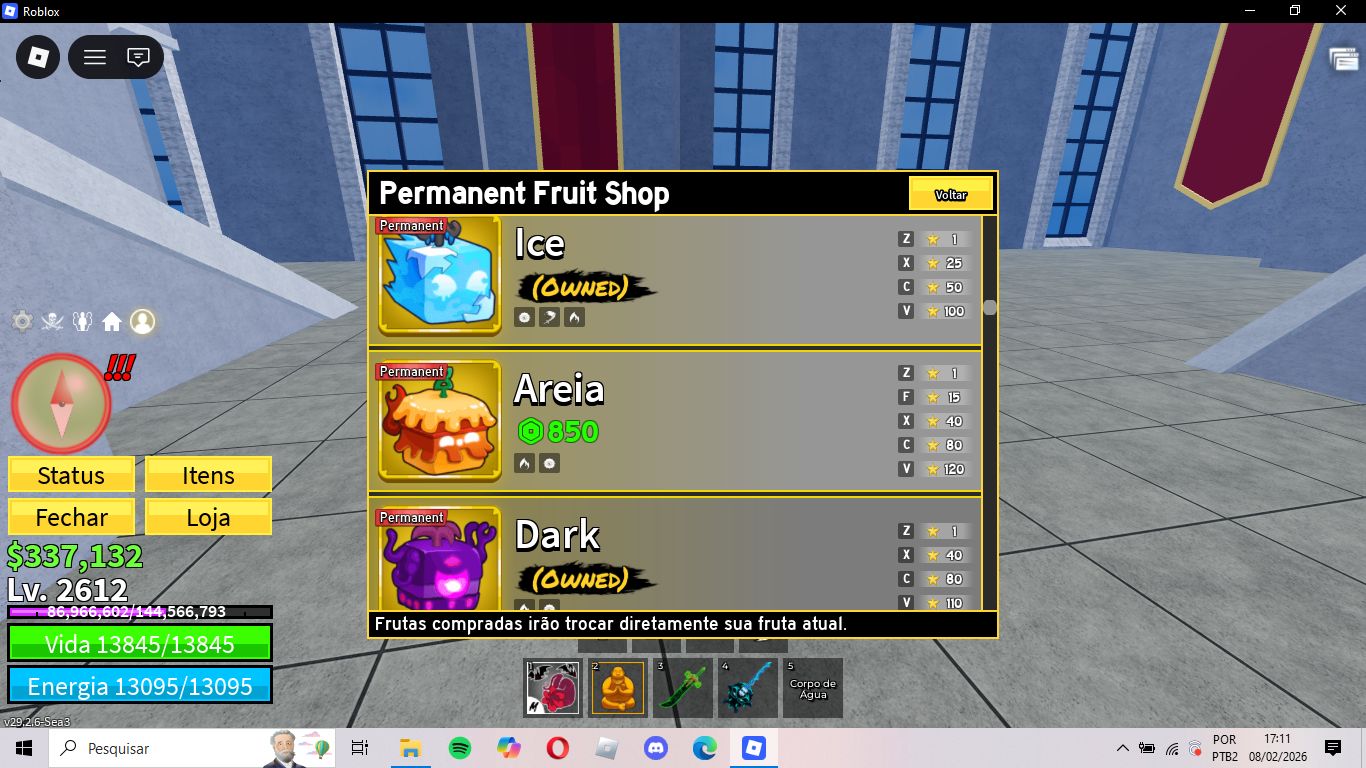 Conta de blox fruits level 2612 e diversas frutas permanentes como buddha,dough.