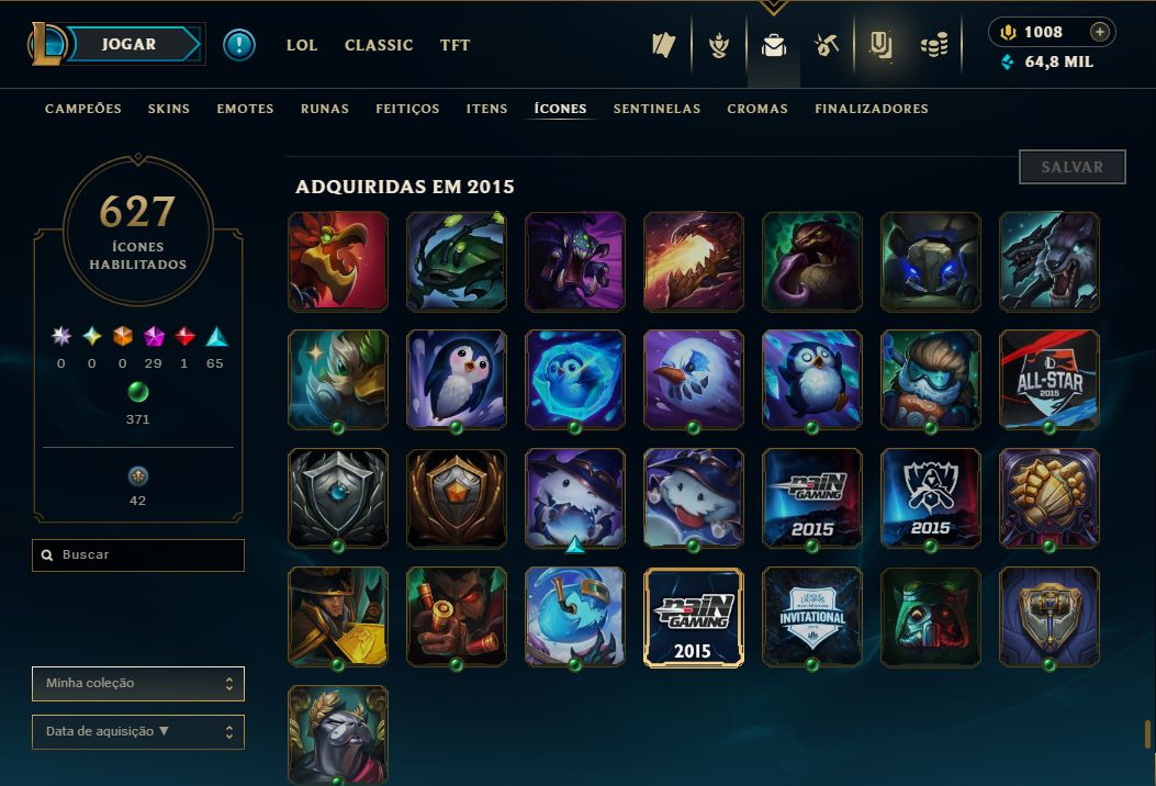 Conta Lol de 2015 / 877 Skins / Nivel 345 / 627 Icones