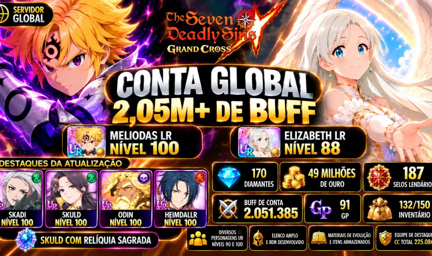 7DS Grand Cross Global | 2M+ Buff | Heimdallr nível 100, Odin nível 100 | 2 LR