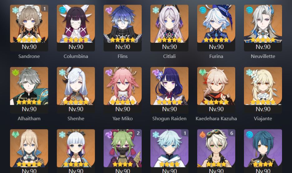Conta late game, AR 60, Sandrone C1, Odette, yae miko, Flins, Columbina, citlali