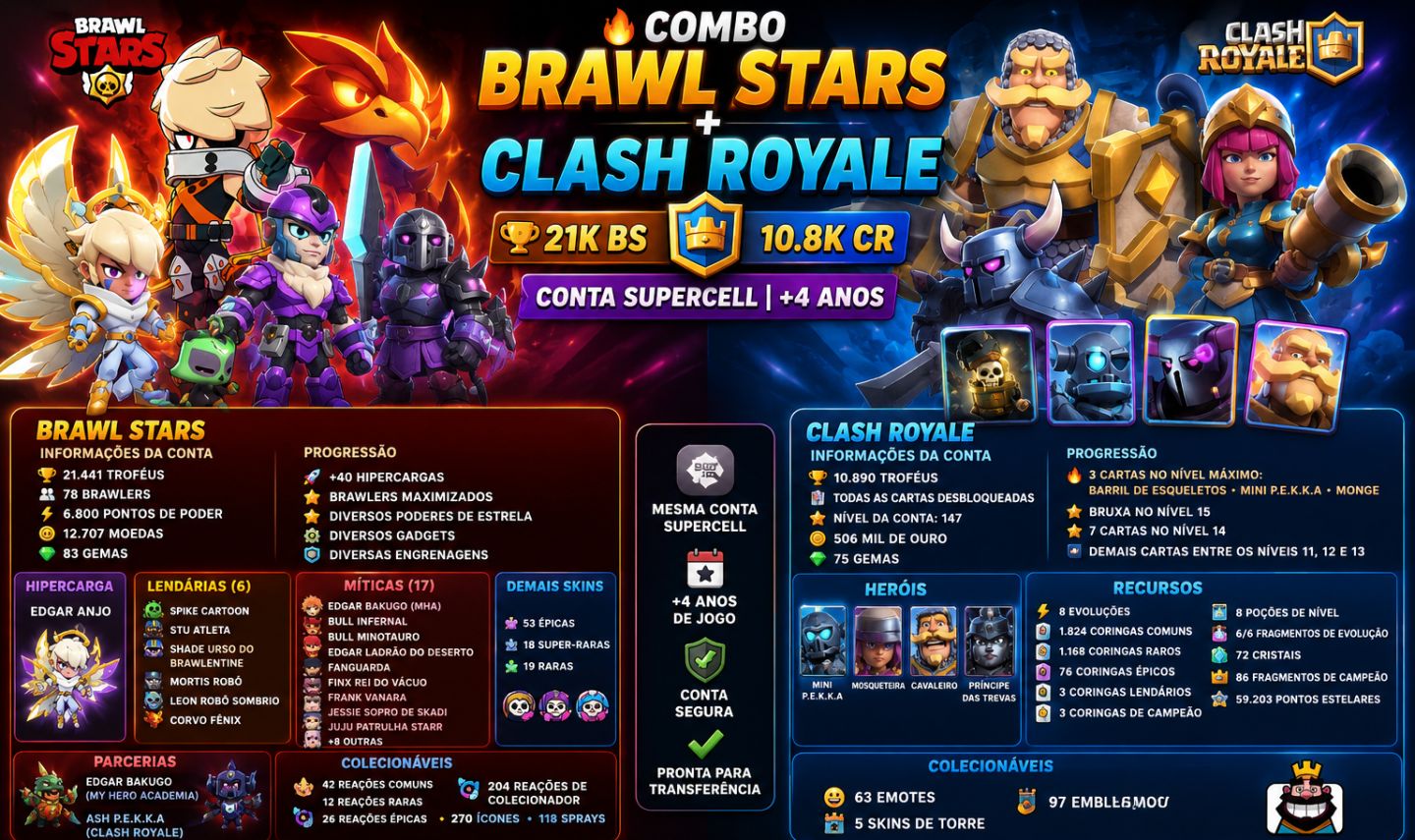 COMBO BRAWL STARS + CLASH ROYALE | 21K BS + 10.8K CR | Conta Supercell | +4 Anos