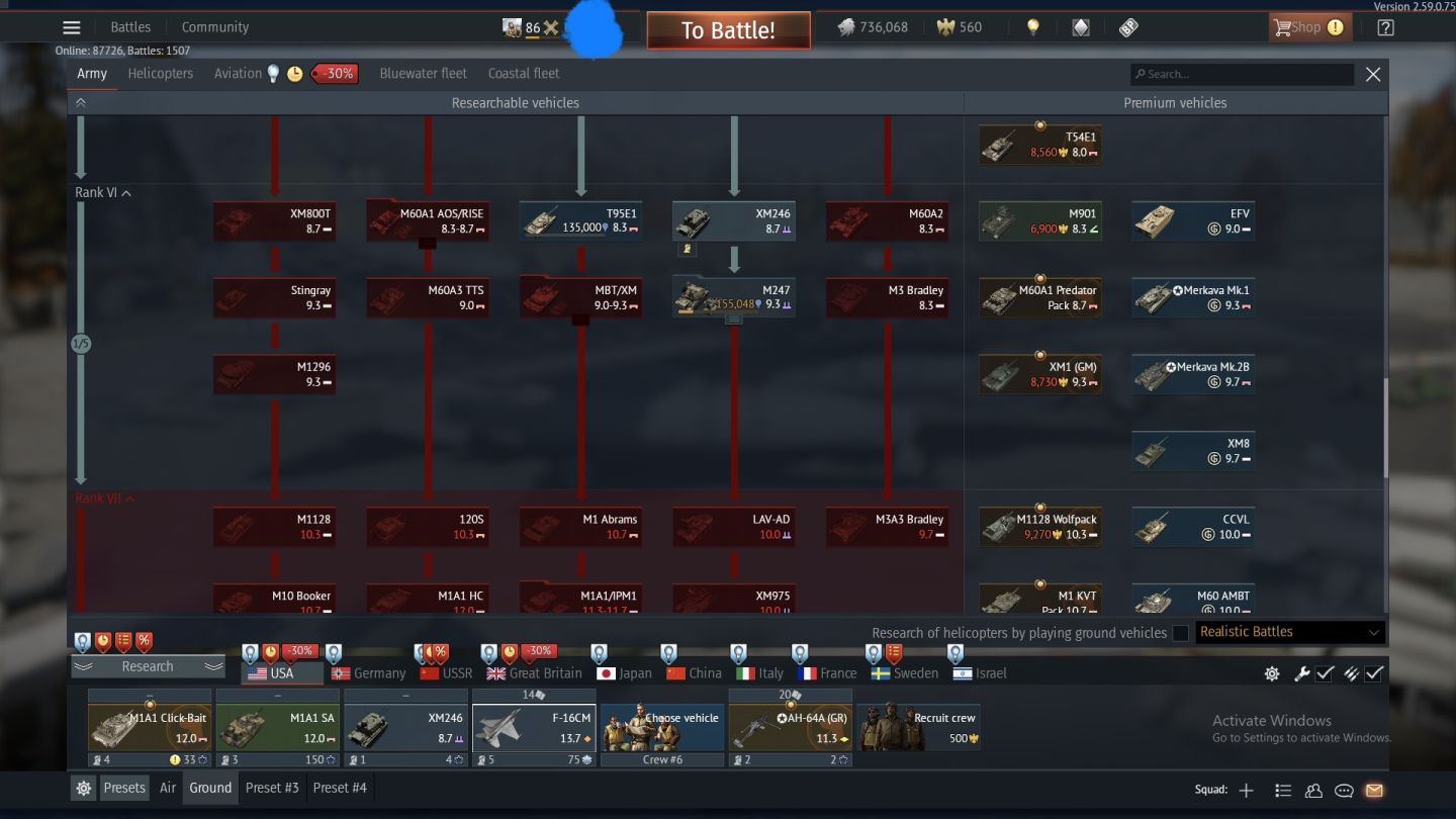 Conta Top Tier USA no War Thunder