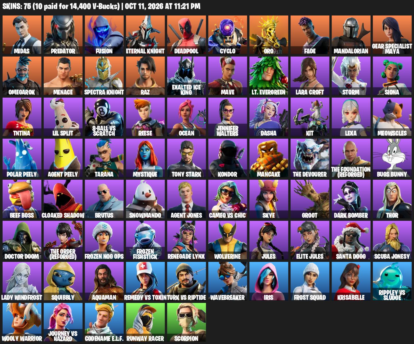 CONTA FN - Midas Dourado, Iris, Lara Croft, PASSE da Marvel FULL + 7 PASSES, etc