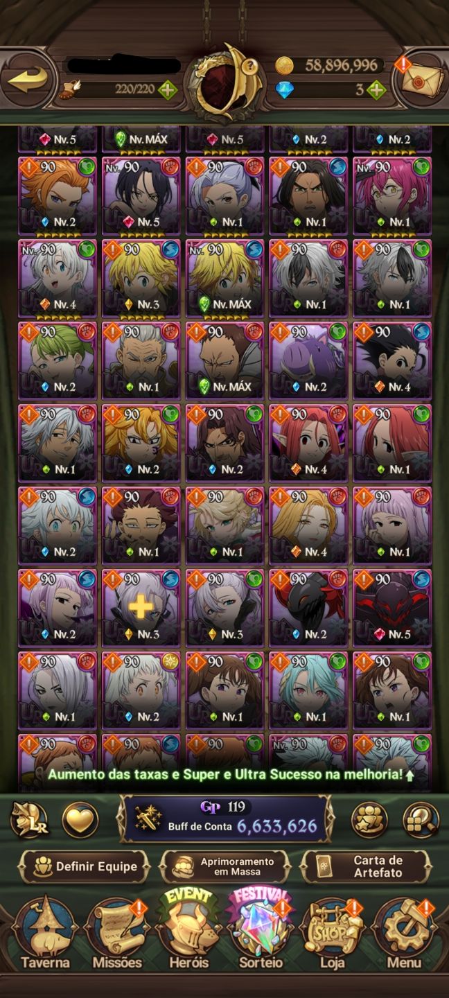 Conta 7ds grande cross 6.6M Meliodas nêmesis 2/6, escanor Merlin 2/6